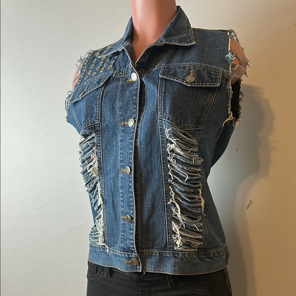 Stubborn Jeans Women’ Ripped Top Shirt Jacket Sleeveless Patch Work - Picture 1 of 12